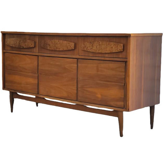 Vintage Mid Century Modern Dresser with Burl-wood Accents Dovetailed Drawers (Available for Online Purchase Only)