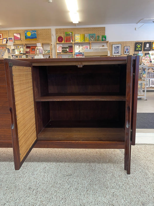 Vintage Mid Century Modern Drexel Style Walnut Toned Lowboy Credenza.