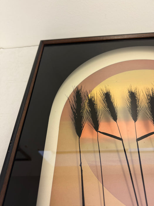 Vintage Mid Century Modern Framed Print - Sunset Gradient with Textured Wheat Silhouettes - Signed Art by Thrasher - Retro Wall Deco