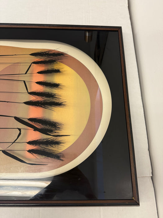 Vintage Mid Century Modern Framed Print - Sunset Gradient with Textured Wheat Silhouettes - Signed Art by Thrasher - Retro Wall Deco