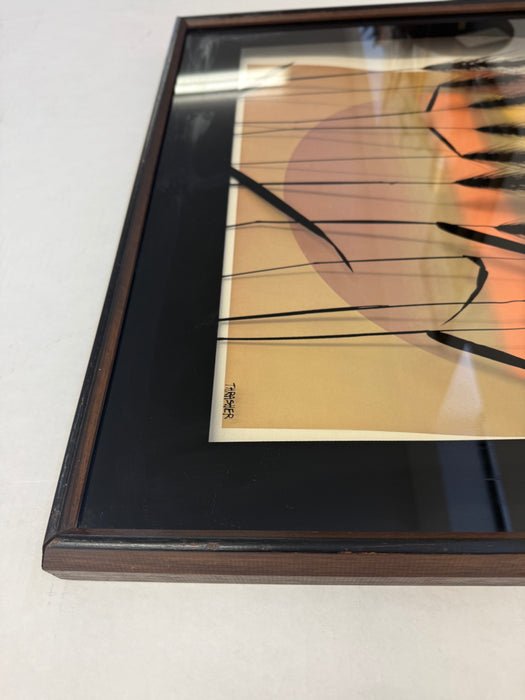 Vintage Mid Century Modern Framed Print - Sunset Gradient with Textured Wheat Silhouettes - Signed Art by Thrasher - Retro Wall Deco