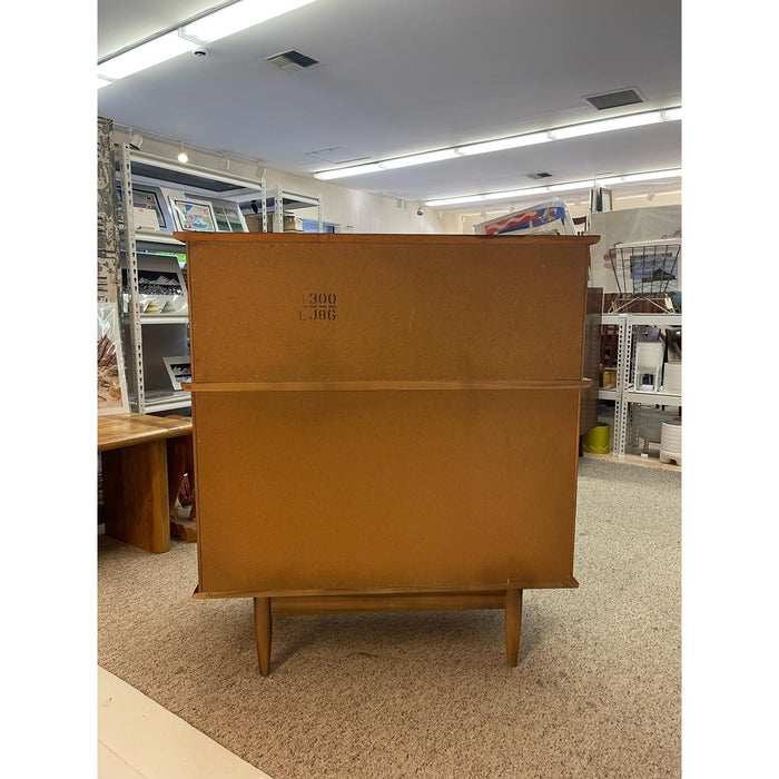 Vintage Mid Century Modern Highboy Dresser by United With Sculpted Wood Front.