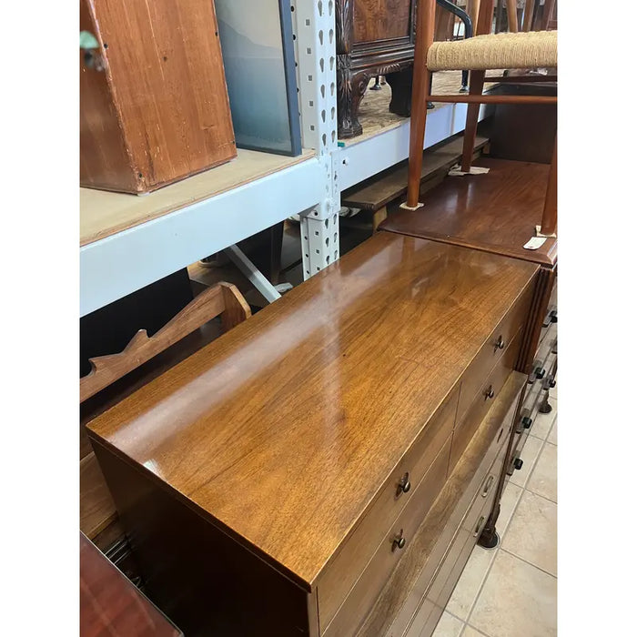 Vintage Mid Century Modern Highboy Walnut Toned Dresser with Elements of Traditional Woodworking with 5 Drawer Storage in the style of Drexel