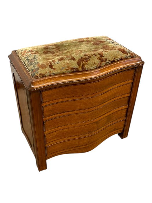Vintage Mid-Century Modern Possible Sewing or Jewelry Cabinet with Upholstered Seat and Side Storage