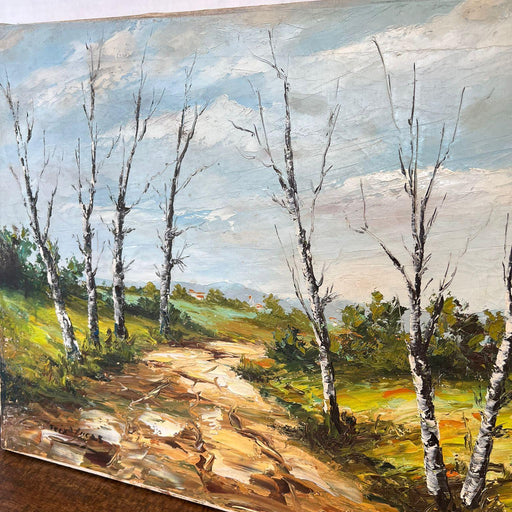 Vintage Mid Century Modern Signed Scenic Forest Nature Painting on Canvas.