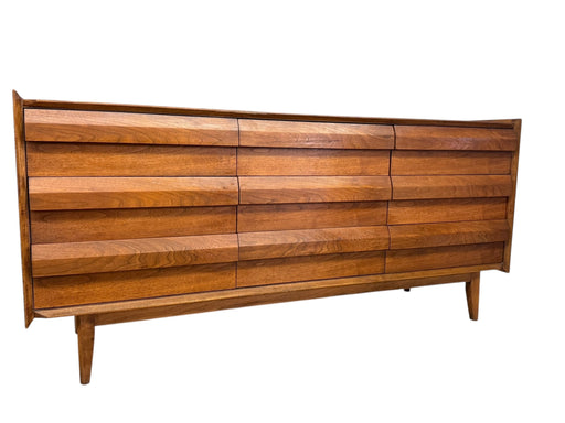 Vintage Mid Century Modern Solid Walnut 9 Drawer Dresser by Lane First Edition
