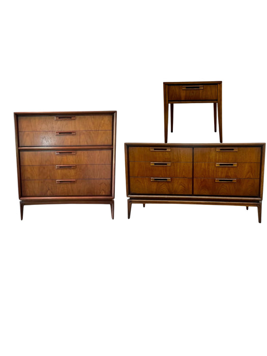 Vintage Mid Century Modern Solid Walnut Dresser and End Table Set Dovetailed Drawers by United Furniture