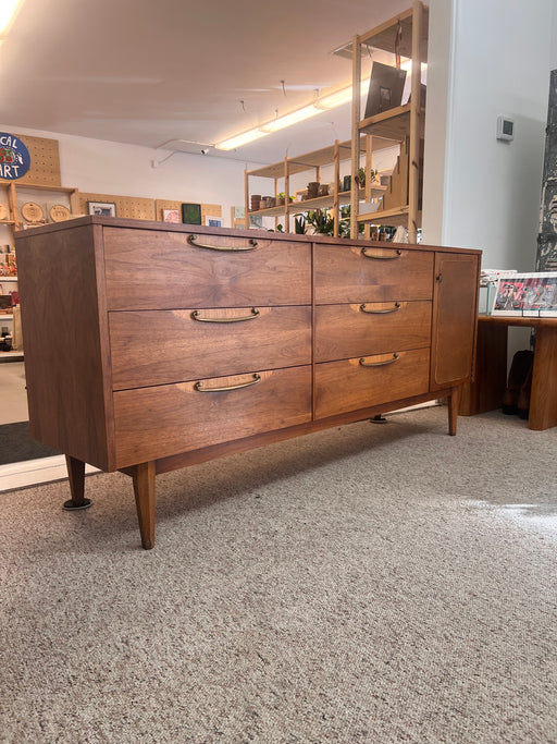 Vintage Mid Century Modern Solid Walnut Dresser with Six Drawers and aCabinet Brass Hardware by Lane Furniture Altavista Line