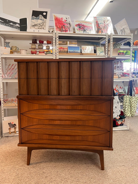 Vintage Mid Century Modern Solid Walnut Five Drawer Dresser With Solid Wood Bentwood Handles and Brutalist Accents