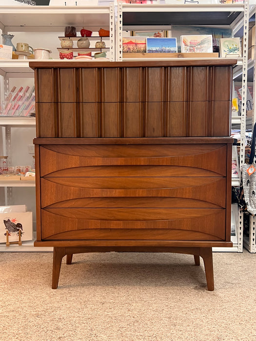 Vintage Mid Century Modern Solid Walnut Five Drawer Dresser With Solid Wood Bentwood Handles and Brutalist Accents