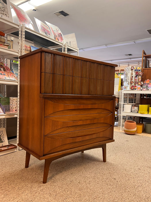 Vintage Mid Century Modern Solid Walnut Five Drawer Dresser With Solid Wood Bentwood Handles and Brutalist Accents