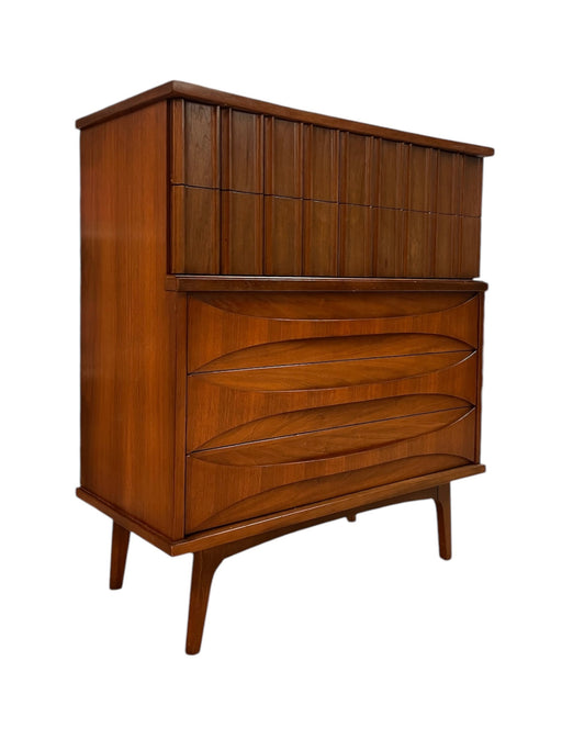 Vintage Mid Century Modern Solid Walnut Five Drawer Dresser With Solid Wood Bentwood Handles and Brutalist Accents