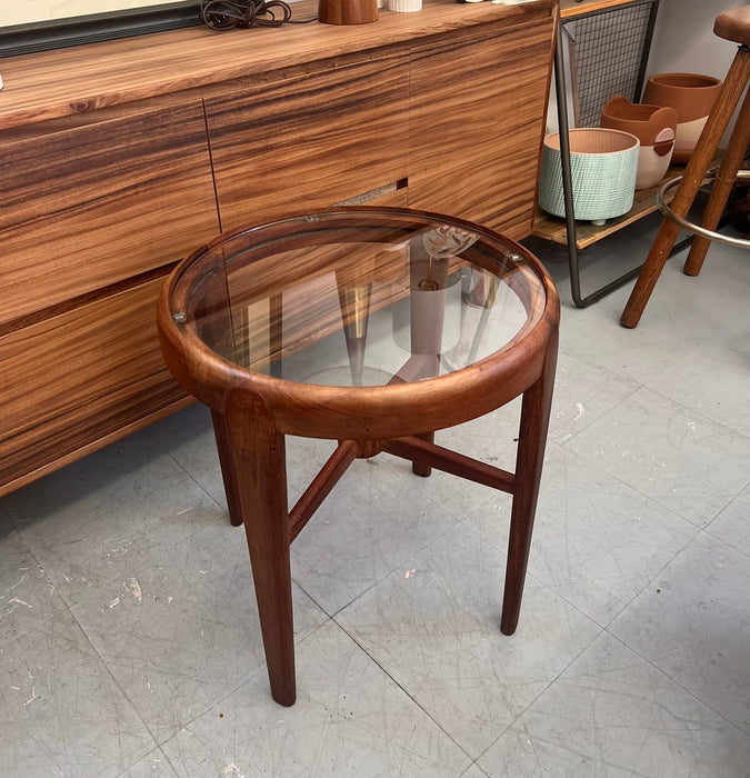 Vintage Mid Century Modern Solid Wood Teak Side Table or Accent Table Glass Top