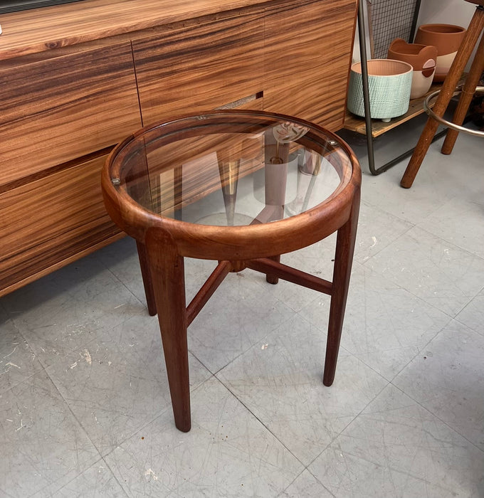 Vintage Mid Century Modern Solid Wood Teak Side Table or Accent Table Glass Top
