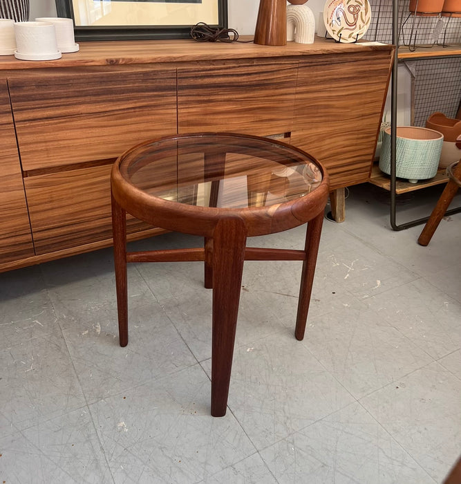 Vintage Mid Century Modern Solid Wood Teak Side Table or Accent Table Glass Top