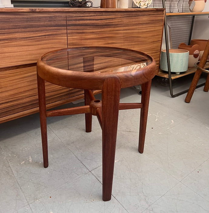 Vintage Mid Century Modern Solid Wood Teak Side Table or Accent Table Glass Top