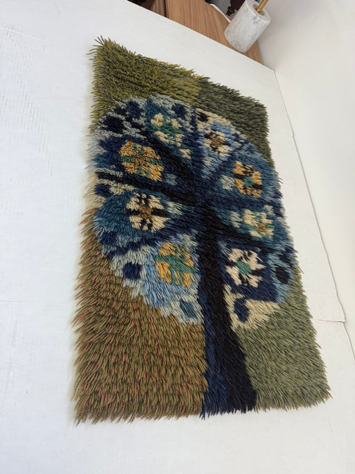 Vintage Mid Century Modern Style Handmade Wool Shag Wall Hanging Fiber Art, Tree of Life Design, Textured Wall Tapestry, Blue & Green Earth Tones