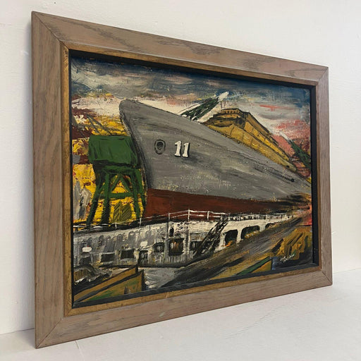 Vintage Mid Century Modern Style original Boat Yard painting.