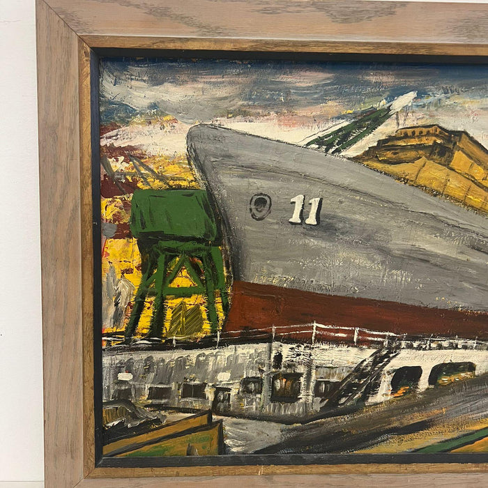 Vintage Mid Century Modern Style original Boat Yard painting.