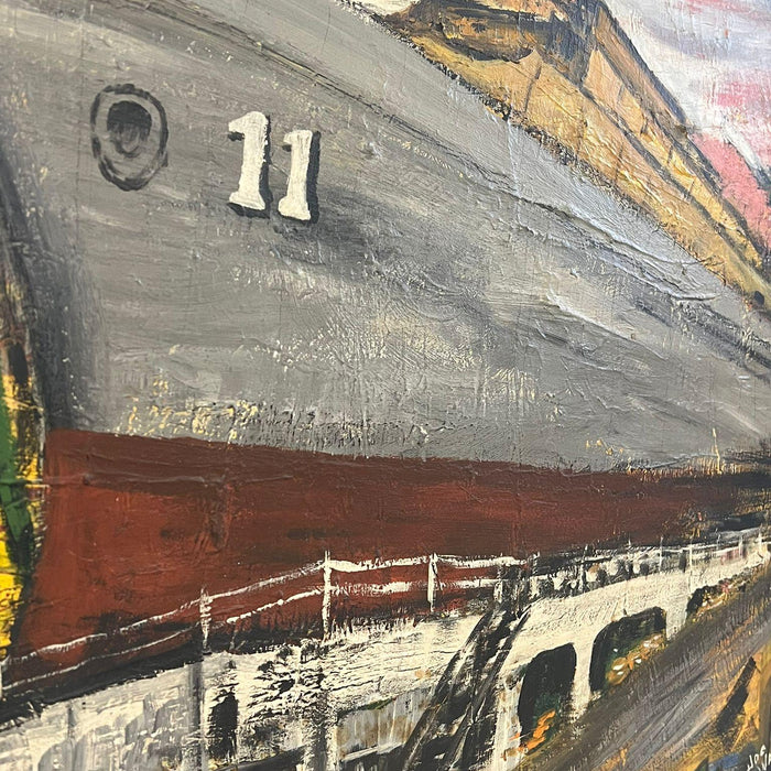 Vintage Mid Century Modern Style original Boat Yard painting.