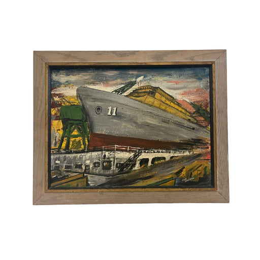 Vintage Mid Century Modern Style original Boat Yard painting.