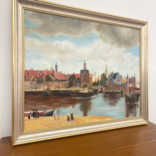 Vintage Mid Century Modern Village Harbor Scene. Signed ‘94. Original Painting.