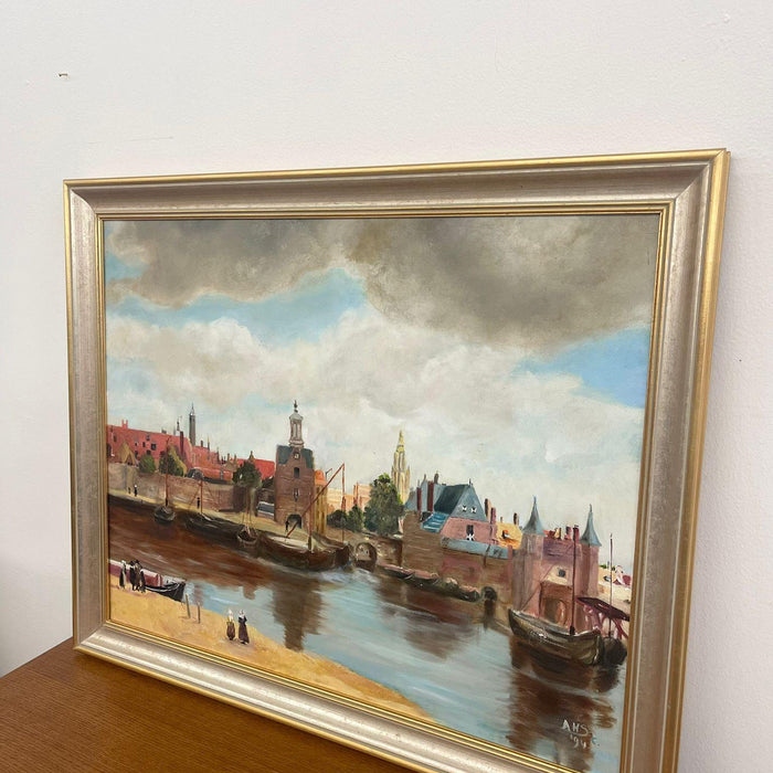 Vintage Mid Century Modern Village Harbor Scene. Signed ‘94. Original Painting.