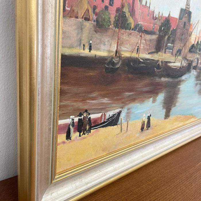 Vintage Mid Century Modern Village Harbor Scene. Signed ‘94. Original Painting.