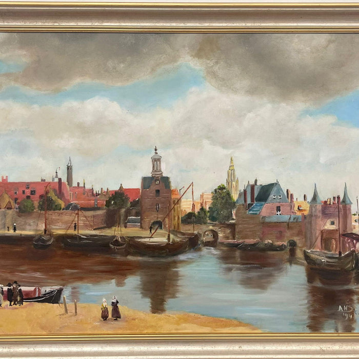 Vintage Mid Century Modern Village Harbor Scene. Signed ‘94. Original Painting.