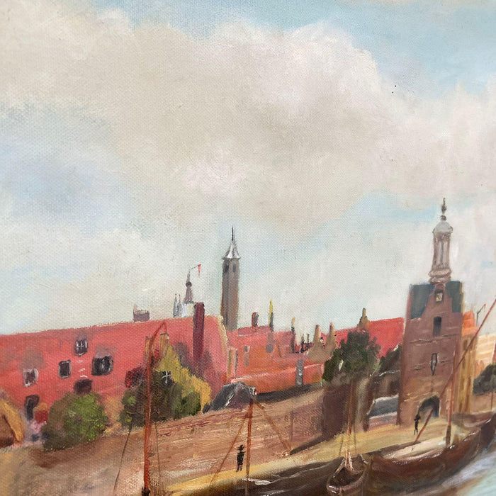 Vintage Mid Century Modern Village Harbor Scene. Signed ‘94. Original Painting.