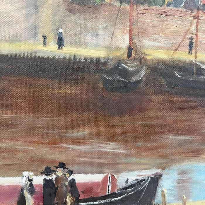 Vintage Mid Century Modern Village Harbor Scene. Signed ‘94. Original Painting.