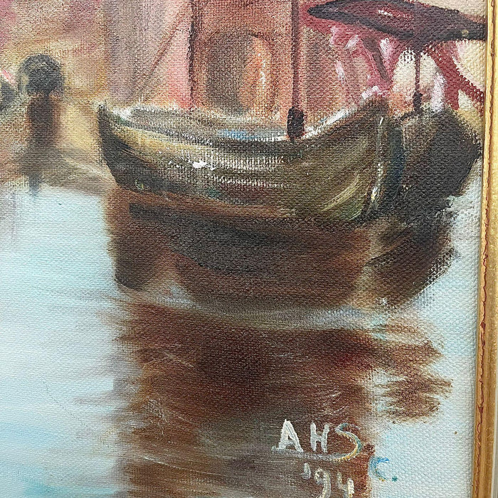 Vintage Mid Century Modern Village Harbor Scene. Signed ‘94. Original Painting.