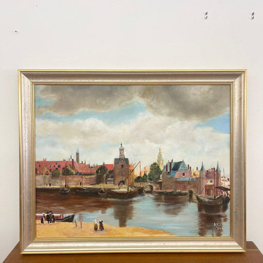 Vintage Mid Century Modern Village Harbor Scene. Signed ‘94. Original Painting.