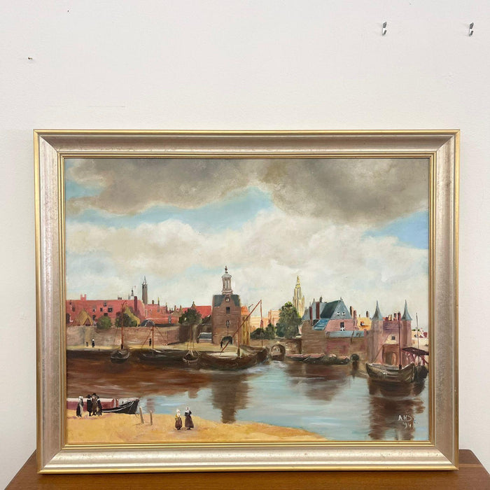 Vintage Mid Century Modern Village Harbor Scene. Signed ‘94. Original Painting.