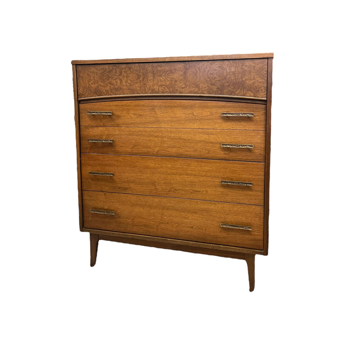 Vintage Mid Century Modern Walnut Dresser 4 Drawers Dovetailed Drawers Burl Front Accent