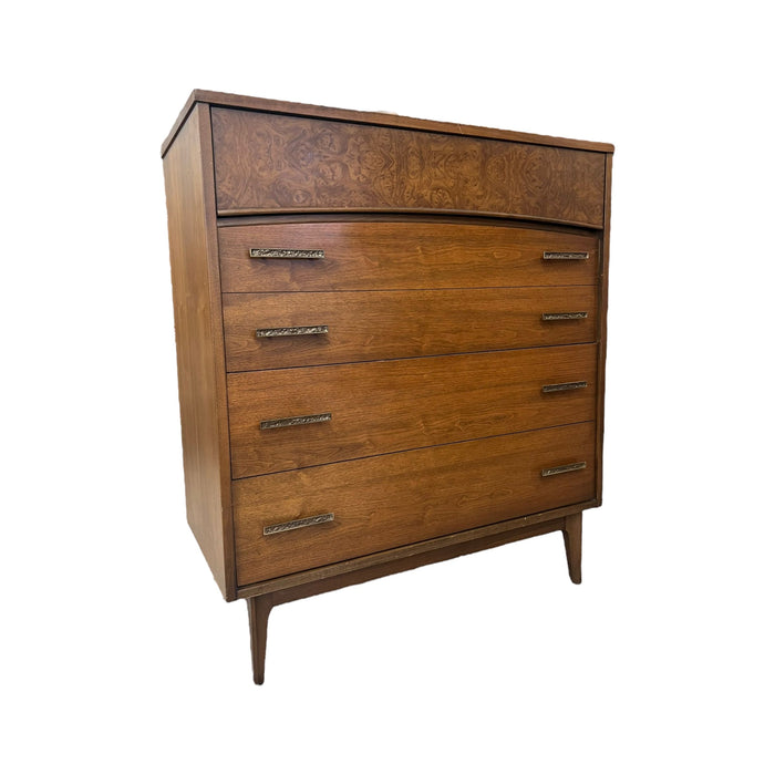 Vintage Mid Century Modern Walnut Dresser 4 Drawers Dovetailed Drawers Burl Front Accent