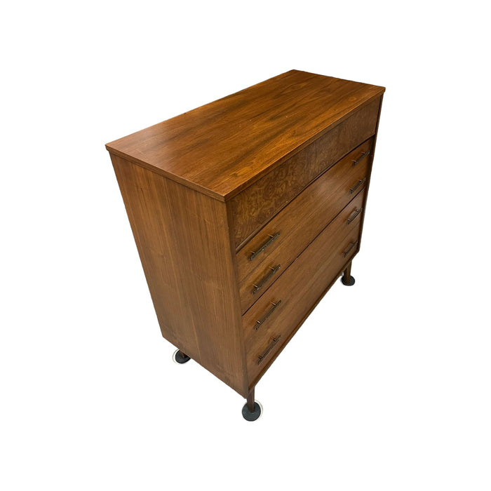 Vintage Mid Century Modern Walnut Dresser 4 Drawers Dovetailed Drawers Burl Front Accent