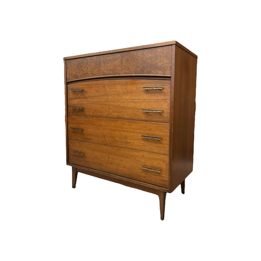 Vintage Mid Century Modern Walnut Dresser 4 Drawers Dovetailed Drawers Burl Front Accent
