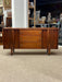 Vintage Mid Century Modern Walnut Wood Credenza Buffet 3 Drawers with Milled Metallic Knobs