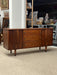 Vintage Mid Century Modern Walnut Wood Credenza Buffet 3 Drawers with Milled Metallic Knobs