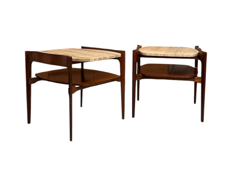 Vintage Mid-Century Solid Walnut and Travertine End Table Set or Cocktail/ Coffee Table Set by Bertha Schaefer for R. Singer & Sons