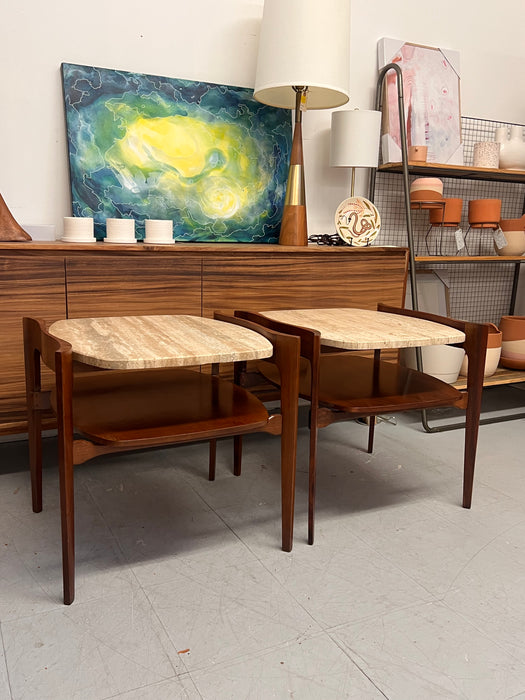 Vintage Mid-Century Solid Walnut and Travertine End Table Set or Cocktail/ Coffee Table Set by Bertha Schaefer for R. Singer & Sons