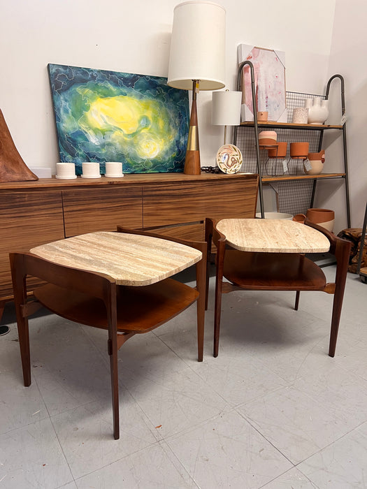 Vintage Mid-Century Solid Walnut and Travertine End Table Set or Cocktail/ Coffee Table Set by Bertha Schaefer for R. Singer & Sons