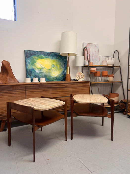 Vintage Mid-Century Solid Walnut and Travertine End Table Set or Cocktail/ Coffee Table Set by Bertha Schaefer for R. Singer & Sons