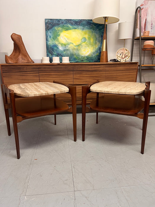 Vintage Mid-Century Solid Walnut and Travertine End Table Set or Cocktail/ Coffee Table Set by Bertha Schaefer for R. Singer & Sons
