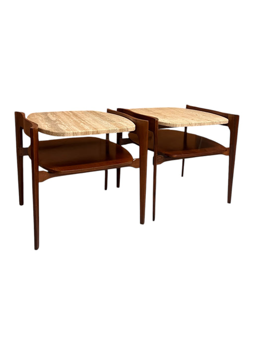 Vintage Mid-Century Solid Walnut and Travertine End Table Set or Cocktail/ Coffee Table Set by Bertha Schaefer for R. Singer & Sons