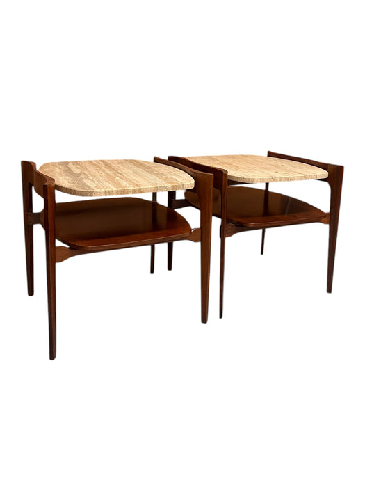 Vintage Mid-Century Solid Walnut and Travertine End Table Set or Cocktail/ Coffee Table Set by Bertha Schaefer for R. Singer & Sons