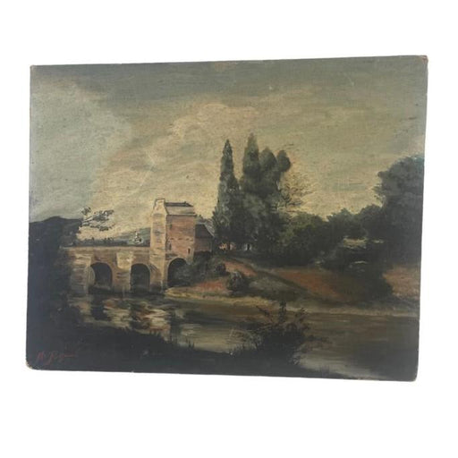 Vintage Oil on Canvas signed painting of a Moody Bridge and Landscape Scene.