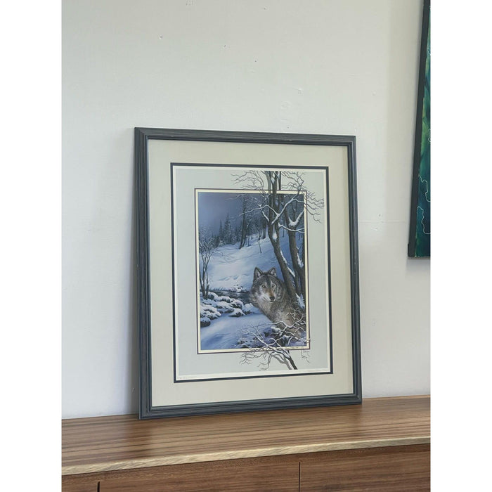 Vintage Original Framed and Signed Art Print Titled “ Wolf Lone Watcher “