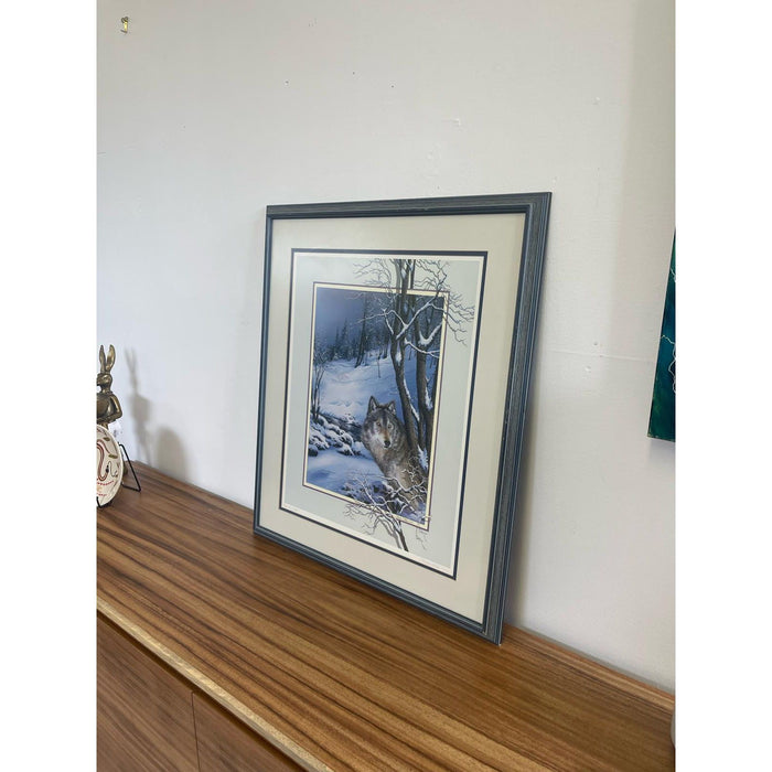 Vintage Original Framed and Signed Art Print Titled “ Wolf Lone Watcher “